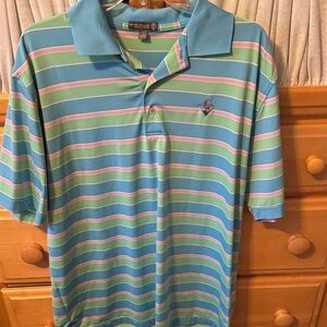 Peter Millar Men's Polo Shirt - Blue, Pink, and Green Stripes